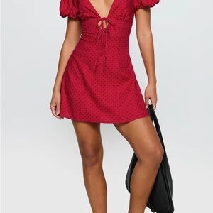 Princess Polly Beloved Deep V Tie-Front Puff Sleeve Polka Dot Dress in Red